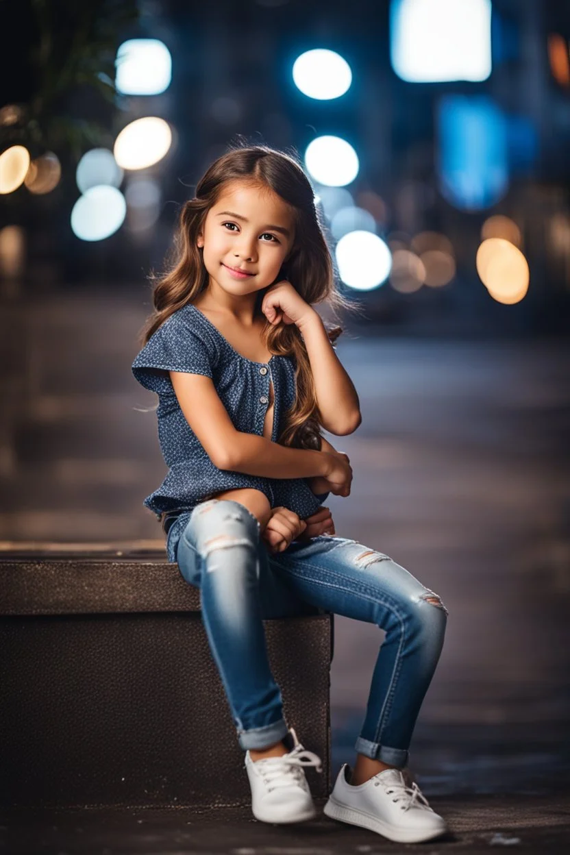 Little 6 years old beautiful girl perfect face,1girl wearing a pretty shirt and jean pant, standing pose,modern city ,night view