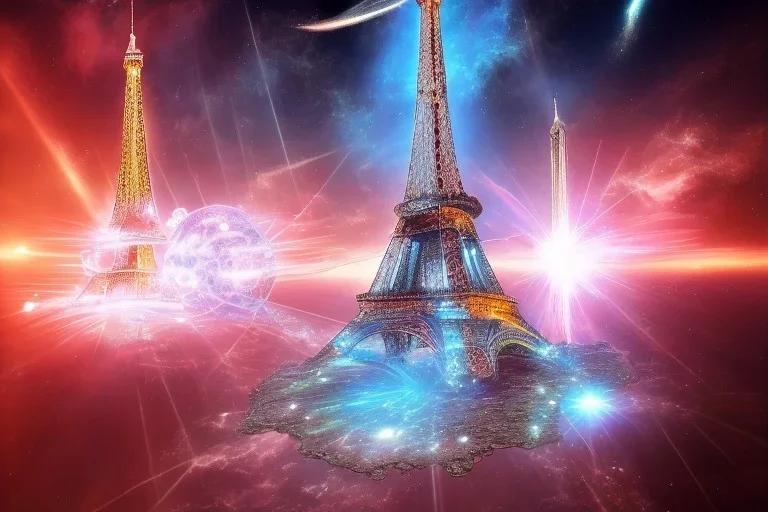 Eiffel tower made from diamonds . nebula in sky . flying cars passing by.