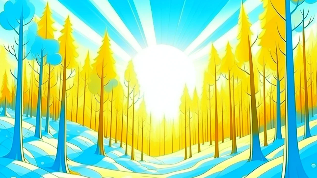 fantasy cartoon: sunny sky over the winter forest