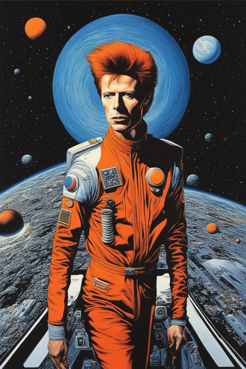 [Philippe Caza] David Bowie: This is Ground Control to Major Tom, You've really made the grade, And the papers want to know whose shirts you wear, Now it's time to leave the capsule if you dare, This is Major Tom to Ground Control, I'm stepping through the door, And I'm floating in a most peculiar way, And the stars look very different today