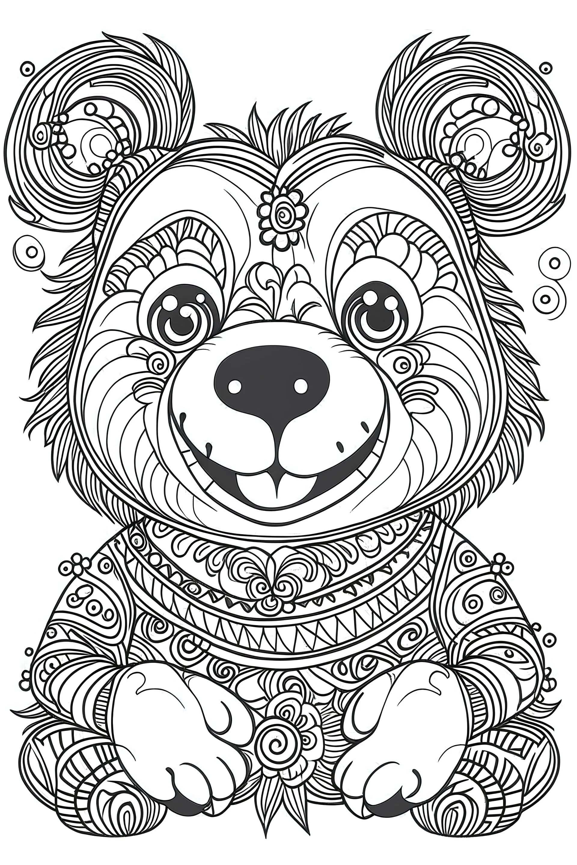 Outline art for coloring page, HIPPIE SMILING TEDDY BEAR, coloring page, white background, Sketch style, only use outline, clean line art, white background, no shadows, no shading, no color, clear