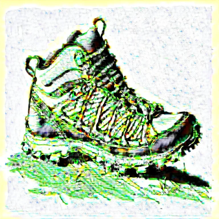 a black and white, monochrome, scribble sketch of a hiking shoe, detailed