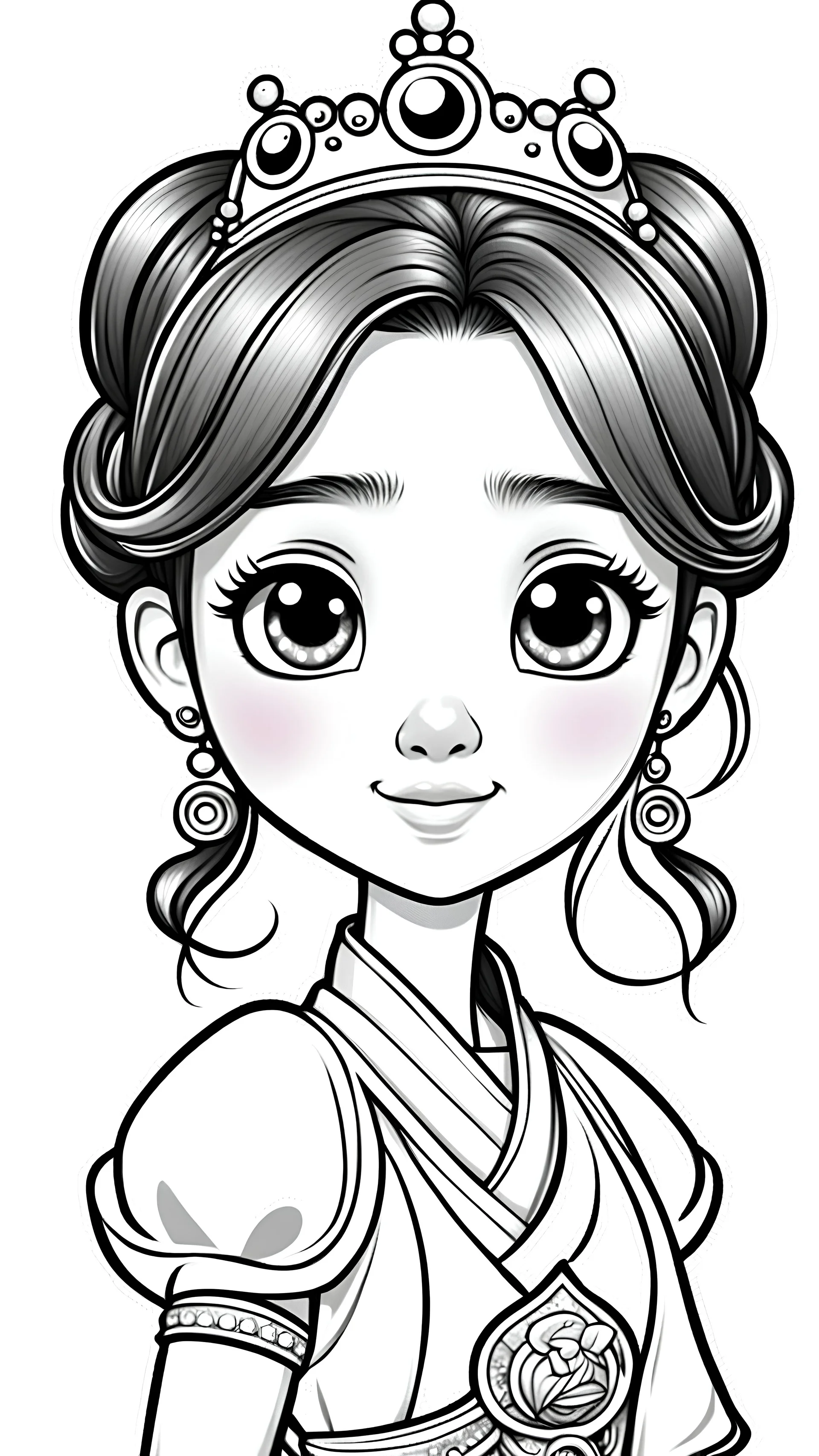 black and white, LOGO ((white background,)) coloring drawing page, cartoon, style pixar, line art, All body, beautiful cute princess Chinese, with cute hair and eyes, sparkles,