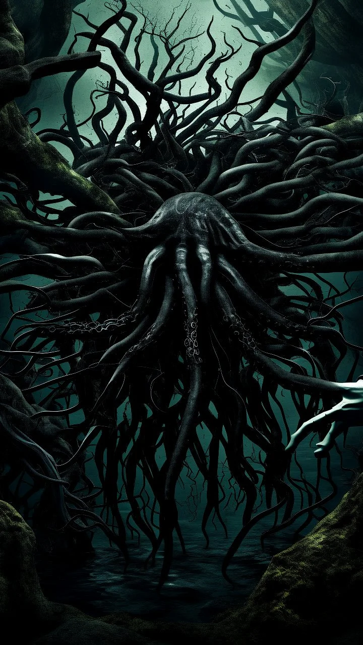 under water with sharks , black vein, human veins, mixing together a lot of them, like a forest, big and small veins a lot of them, a black creature looks like an octopus with many arms