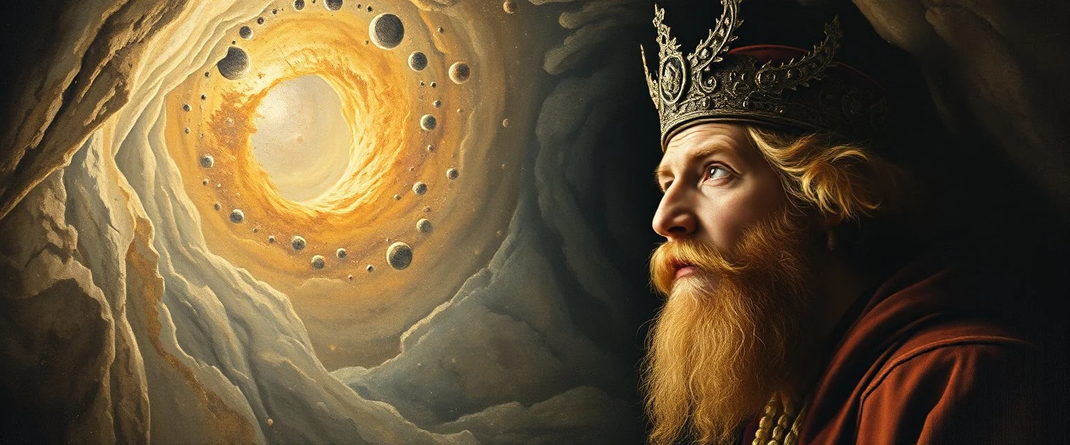 portrait of ascended master, master oil painting by Rembrandt, escape route from our dimensions, hidden even to the demiurge, zebra worm hole