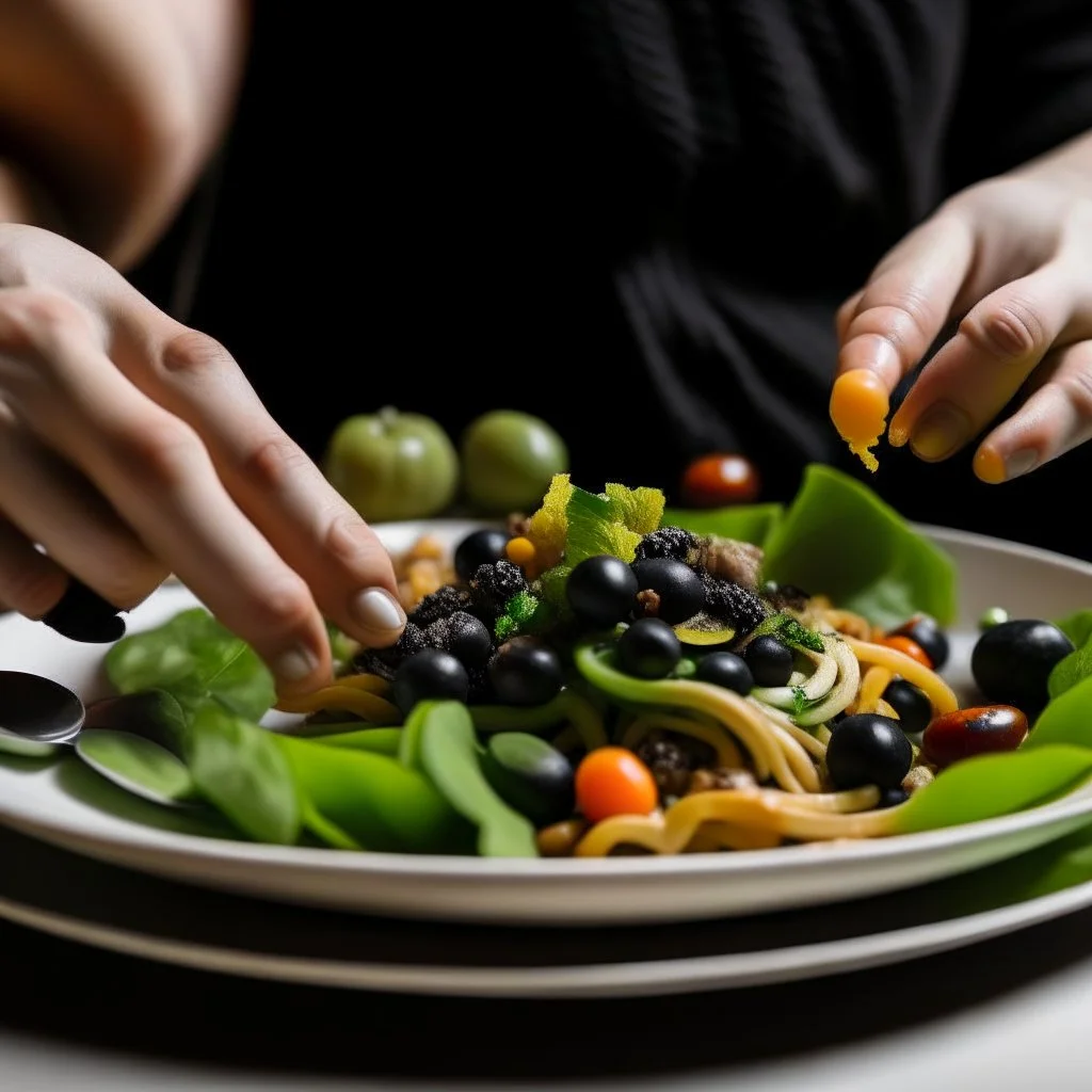 A plate of salad and pasta, with a hand placing pieces of black olives on top of the plate