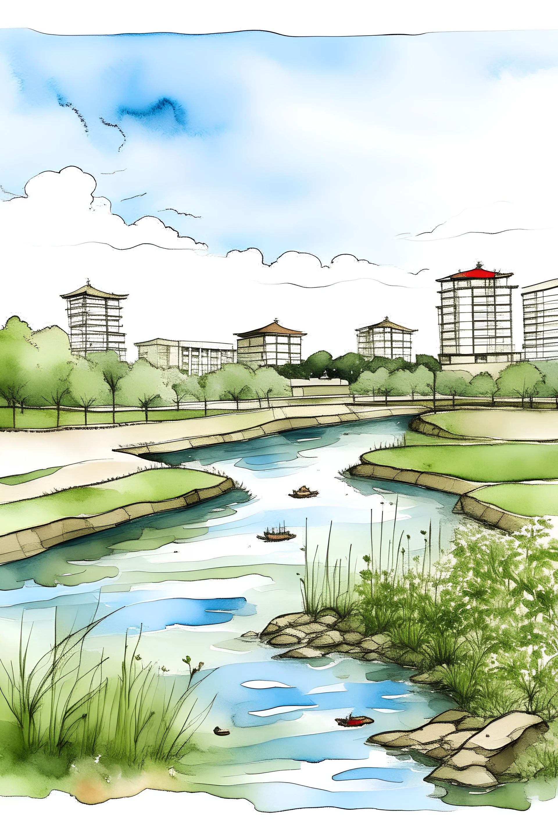 Pond bund - water color illustration