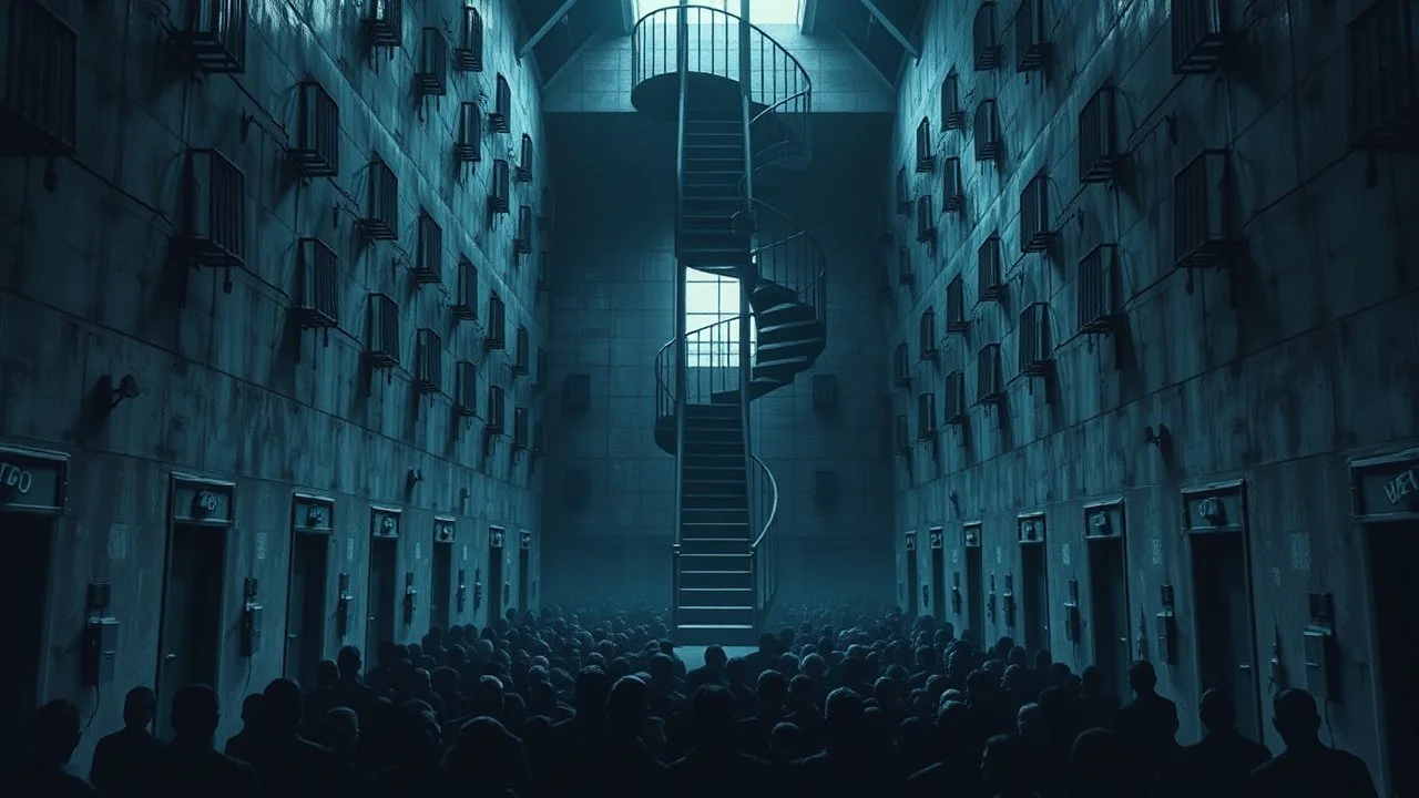 Many Stairs between walls , metallic doors and buildings in bleak prison, in center a big vertical spiral staircase the end of which cannot be seen, underneath many black human silhouette, dark blue and gray colors, cold, grim vibe, high detailed, surreal, dark, cinematic