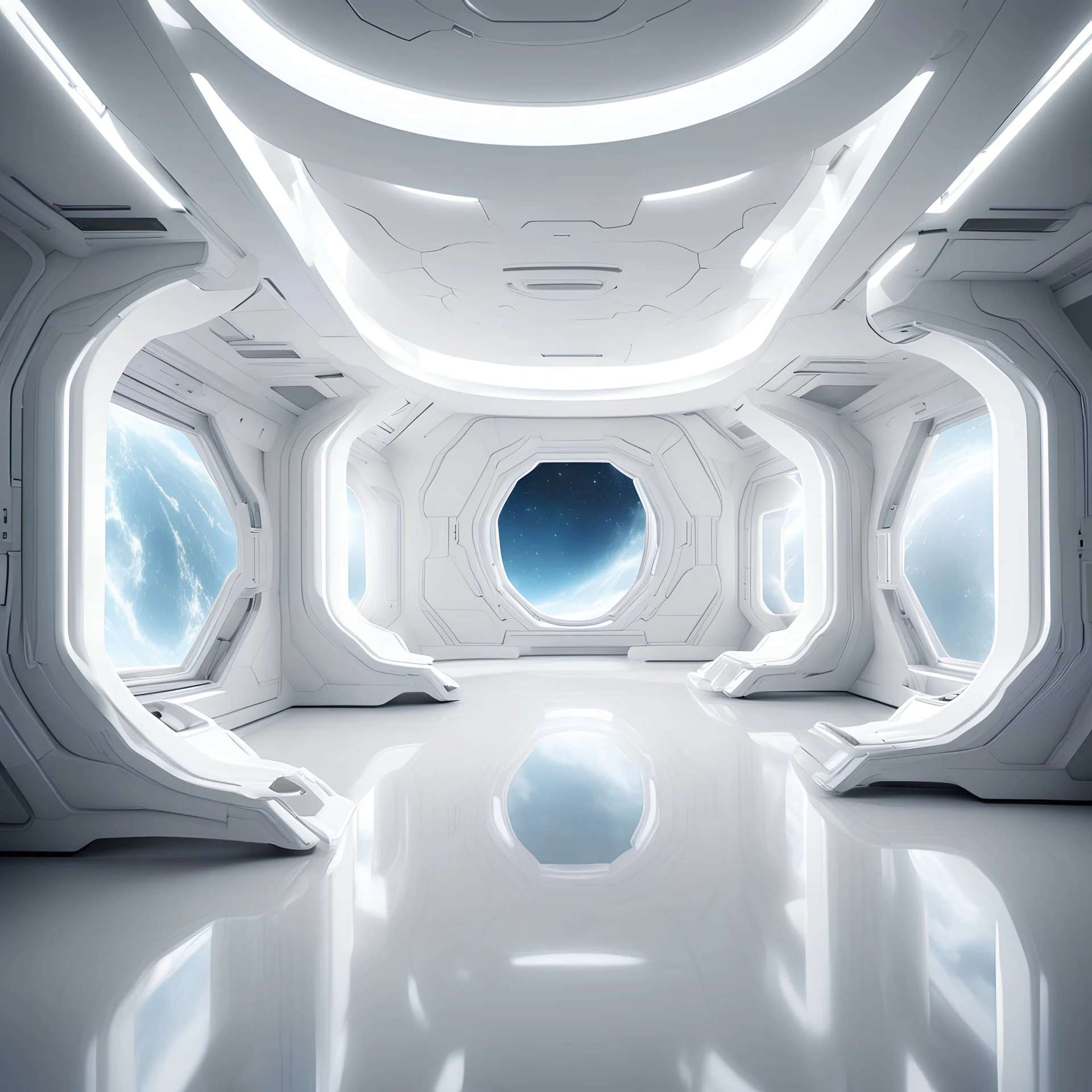 futuristic and sci fi white room. the lighting is bright white and the atmosphere is sci-fi