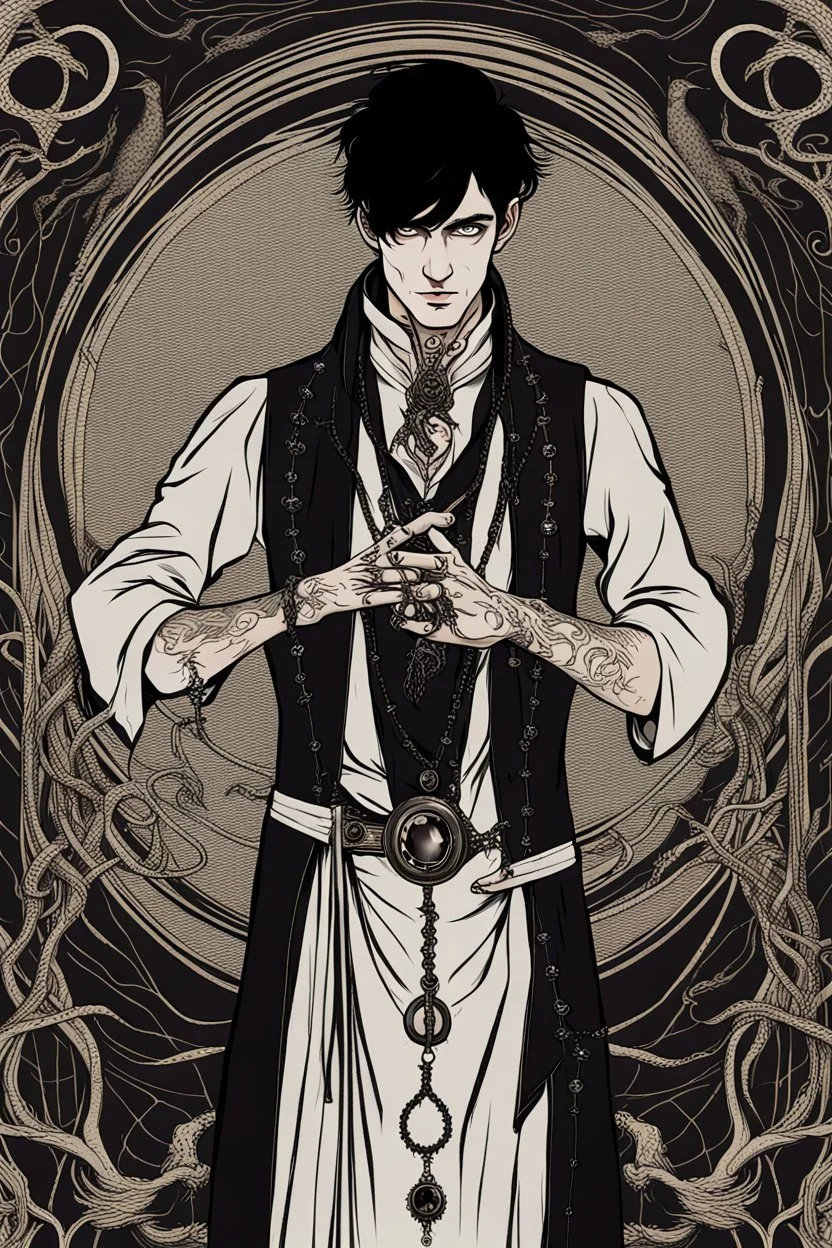 black haired young man necromancer wizard with gothic jewelry and tentacle fingers in the style of Aubrey Beardsley