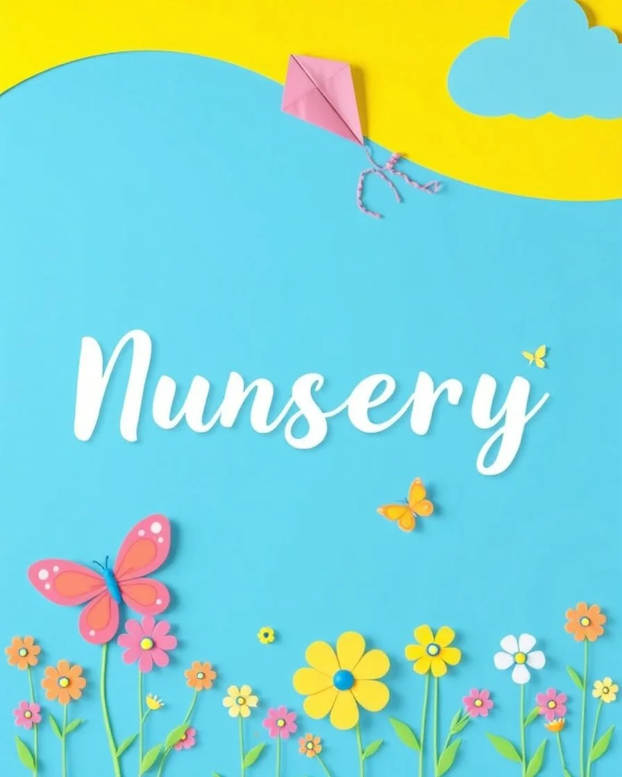 A design in blue, yellow, and green with some flowers and butterflies at the bottom of the image and a kite at the top left of the image for a girls' nursery.