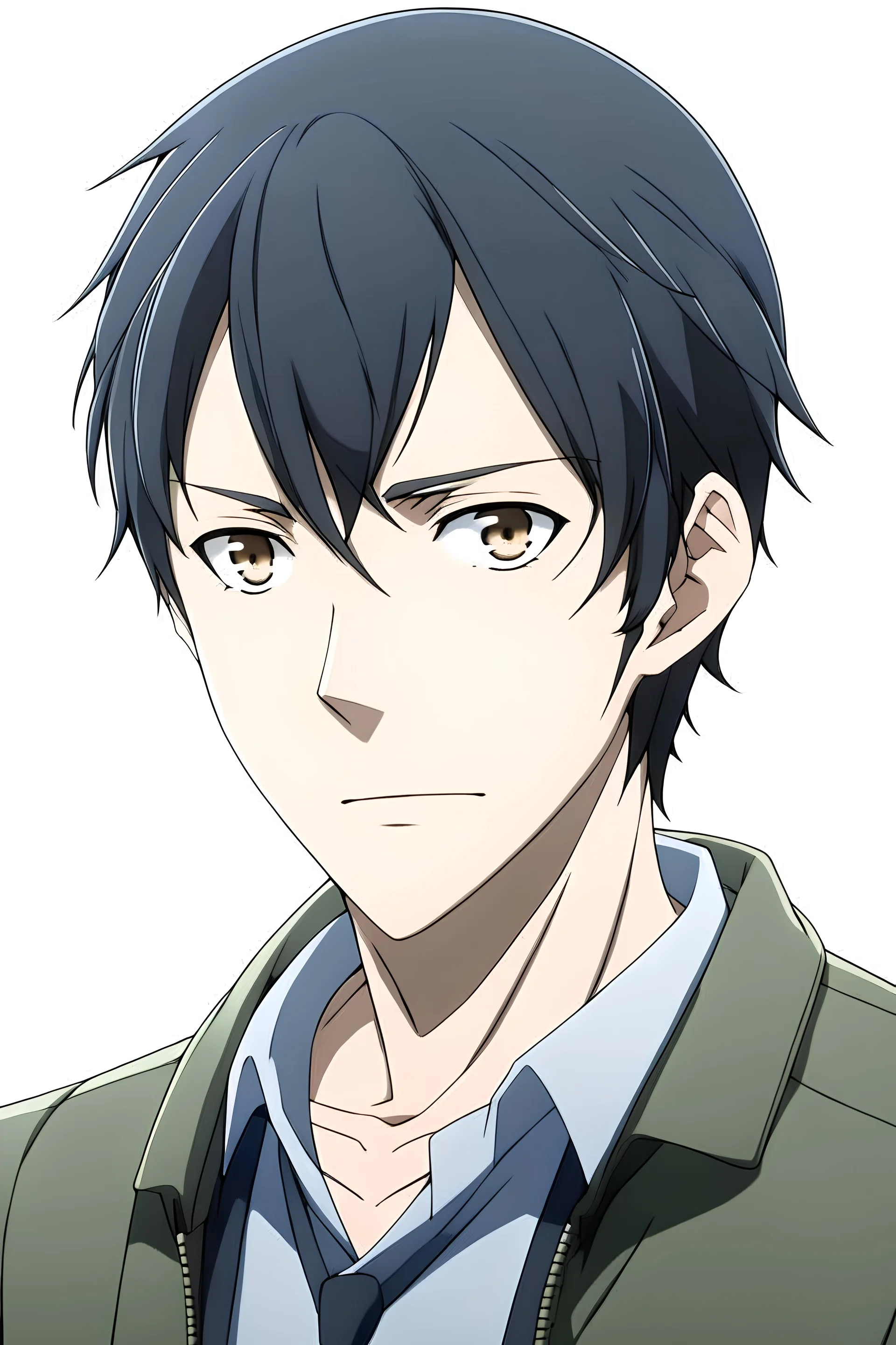 Anime Man main villain character with black hair, wearing normal clothes, aged 17, looks smart, intelligent,and daddy