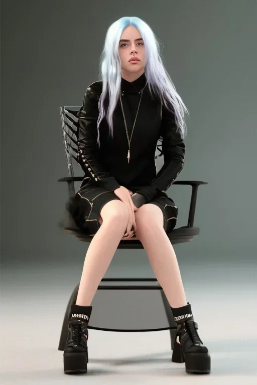 Billie Eilish, sitting on a chair, Black Short Dress, high detail, realistic, 8k