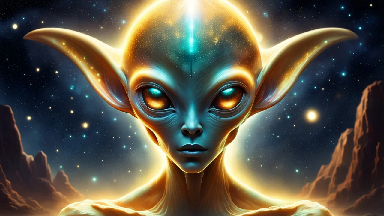 On a starry night, a luminous-skinned alien appears. Its eyes glow with an ethereal hue, while antennas move delicately in the cosmic void. The body, enveloped in a golden aura, reflects the light from the surrounding stars. Despite the alien appearance, its beauty is almost otherworldly, conveying a sense of calm and mystery.