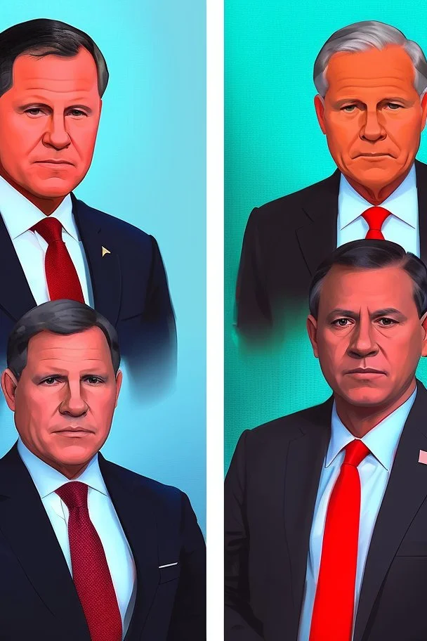 Two governors having a dual portrait one with a red tie and one with cyan