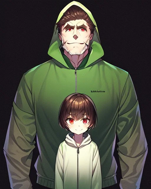 He is 17 years old, feminine in appearance but is a boy, has short dark brown hair, wears a green blouse with a zipper and hood and a white shirt underneath, has red eyes, Determined smile, dark background reminiscent of a nightmare