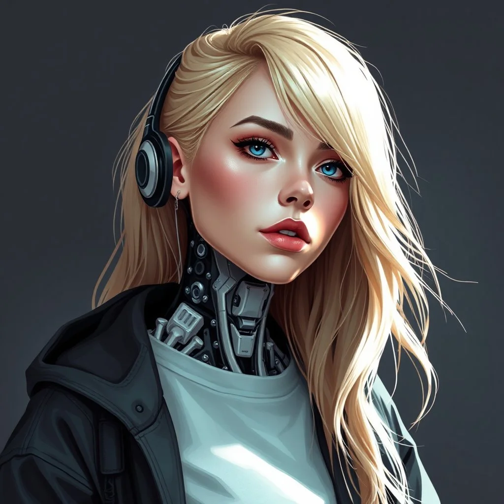 a pretty blonde woman wearing streetwear, robotic neck, digital art, stylised