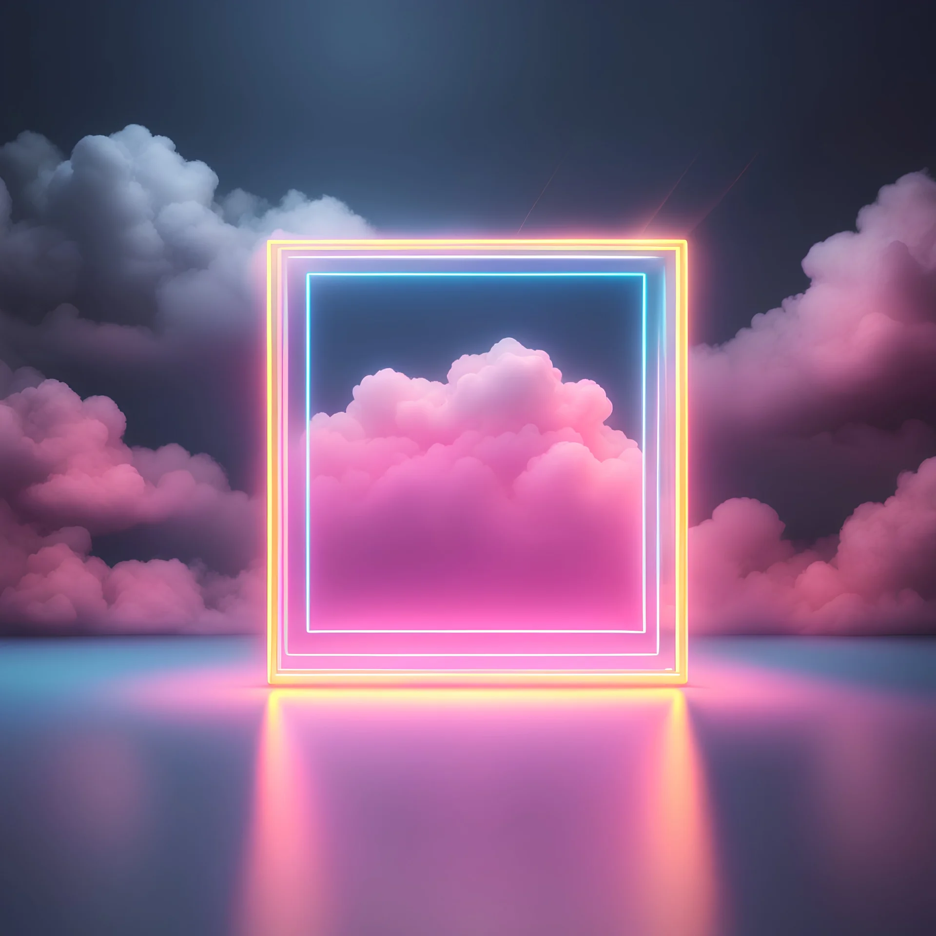 3d render, abstract minimal background with pink blue yellow neon light square frame, illuminated stormy clouds, glowing geometric shape