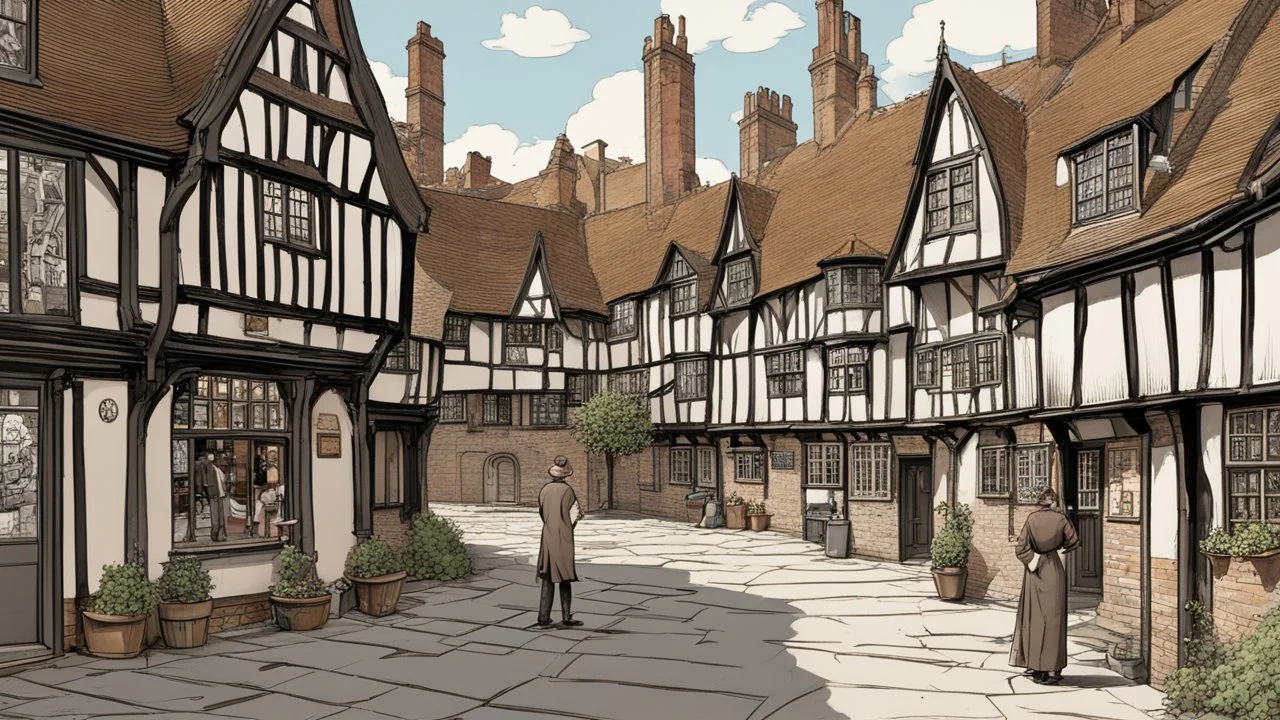 A Paved Courtyard, With Tudor Gothic Houses, Tall twisted Chimneys, warped Rooves, People, Shops,