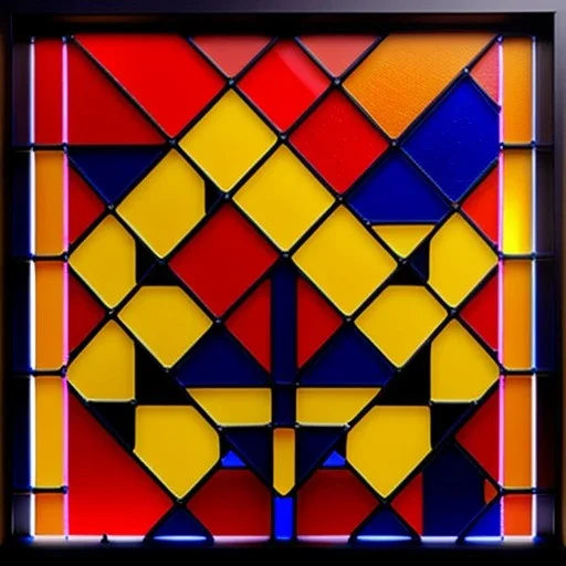 Hyper realistic piet mondrian stained glass window with lead, 4k, sunny day outside