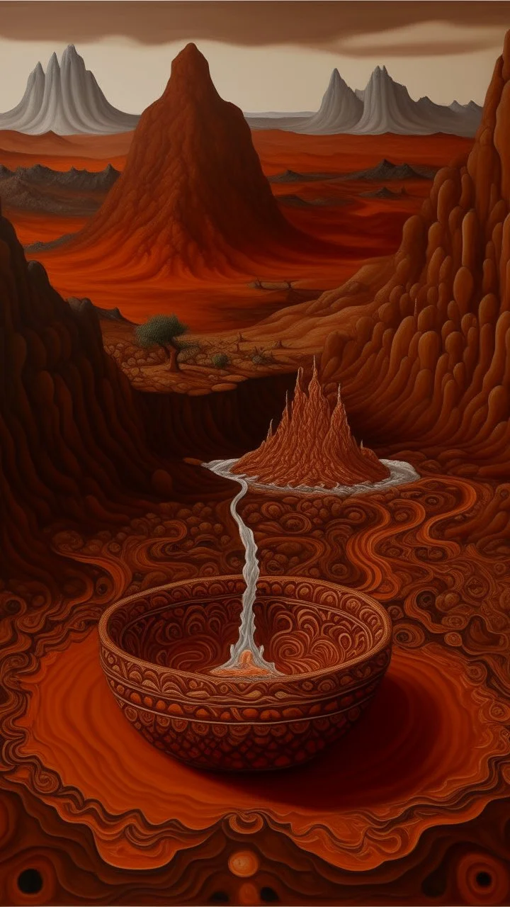 A brown badlands with boiling lava designed in Mexican folk art painted by Giovanni Battista Sassi