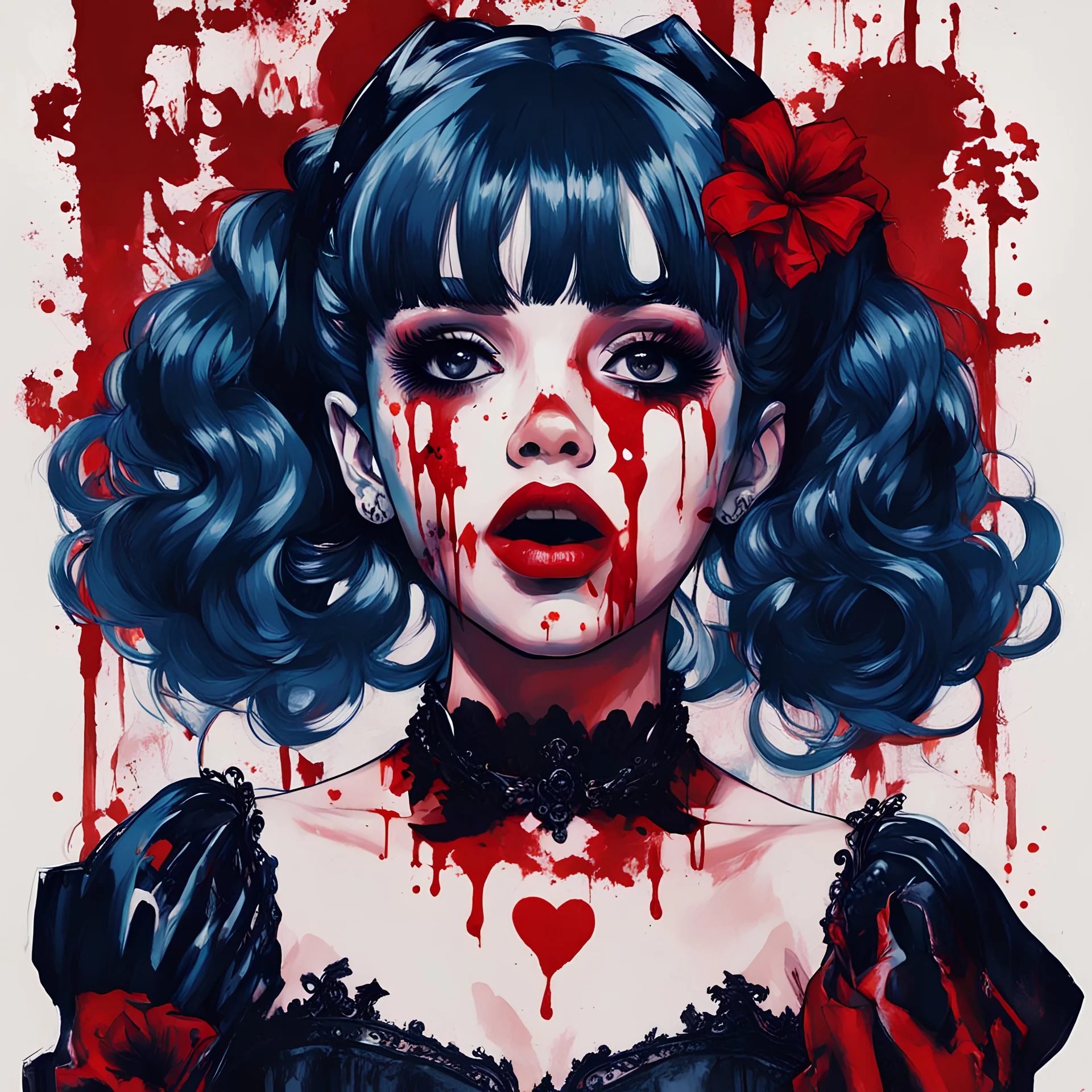 Poster in two gradually, a one side malevolent goth vampire girl face and other side the Singer Melanie Martinez face, full body, painting by Yoji Shinkawa, darkblue and red tones,