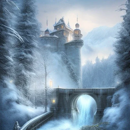 fantasy art, book illustration, wizard skating up the stairs of a bridge or dam ,icy water, on the bridge is a wolf,seen from the tree tops