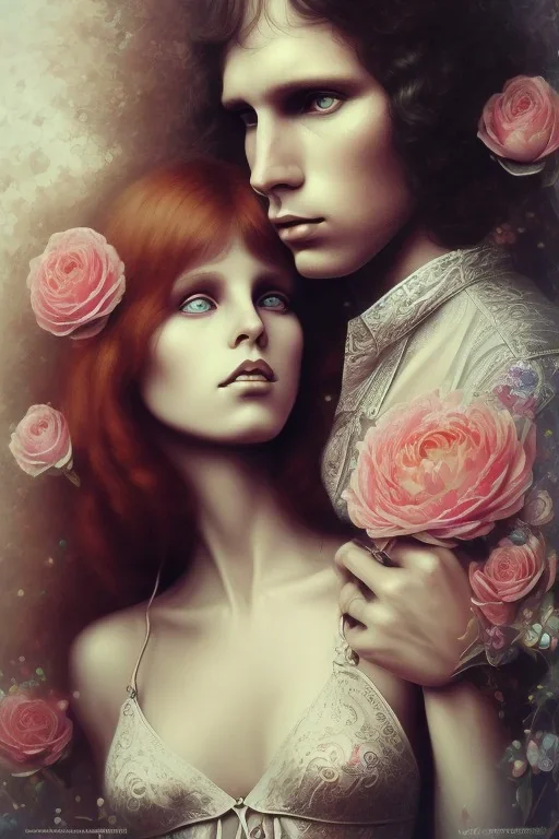 Jim Morrison and Pamela Courson ,music, NSFW, watermark, bohemian style , blurry,opaque ,beautiful faces,elegant,roses, art by anna dittman