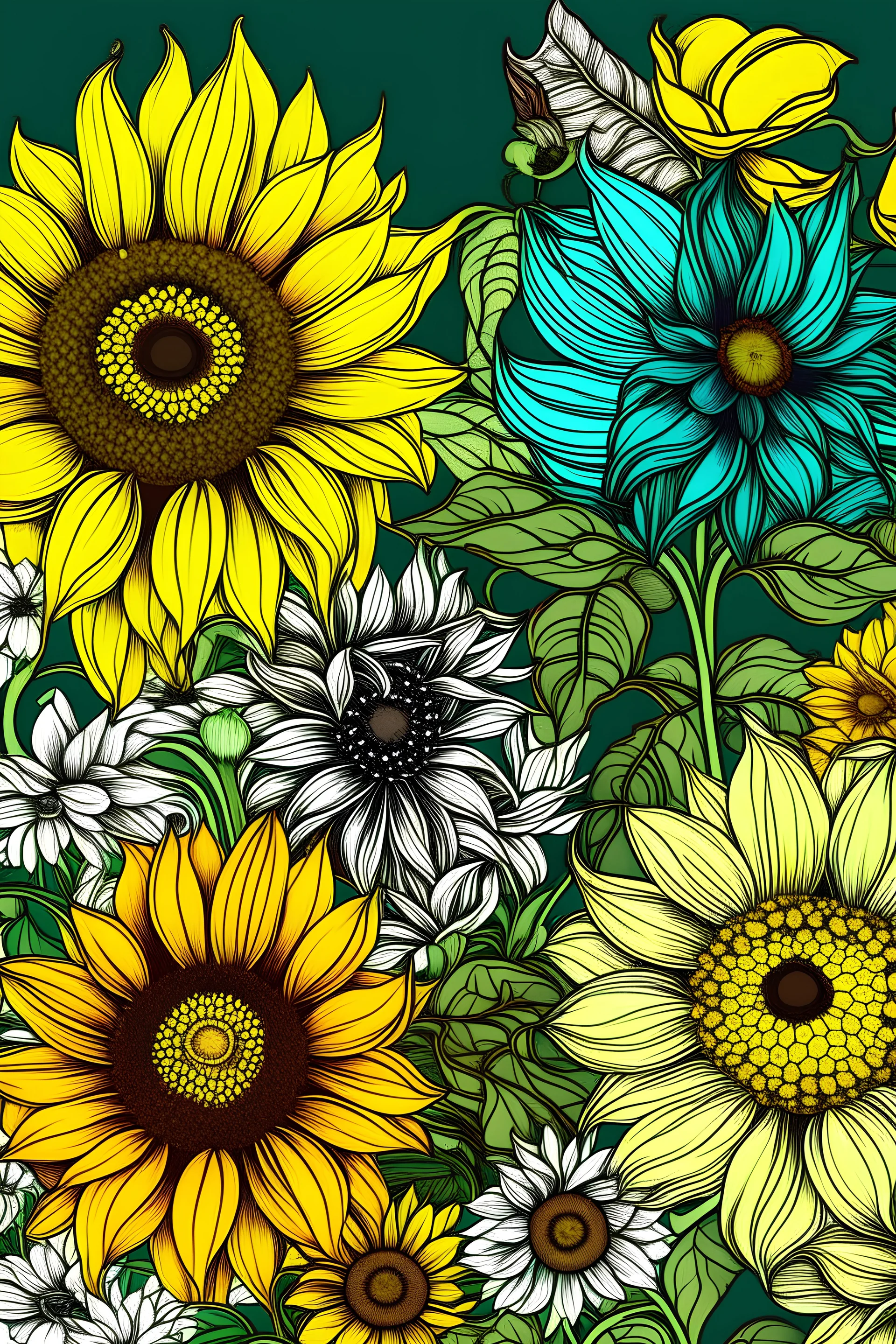 Give me a quick background that I want to use on the cover of the coloring book, which contains flowers. There are sunflowers on the side. I want in the middle of a blank space to write a title for the book. I want it for a colorful sunflower, with a colorful butterfly.