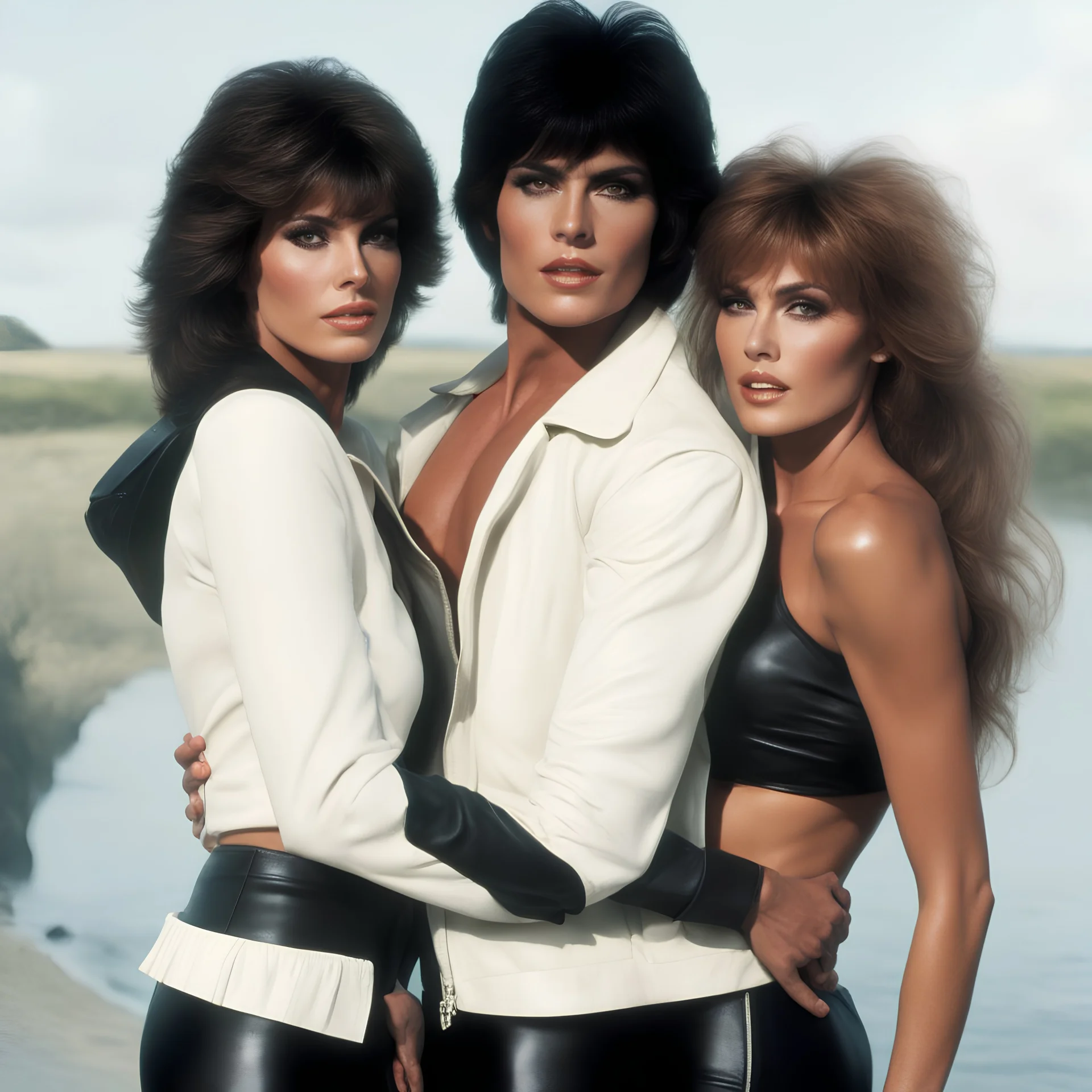 An extremely muscular young man who resembles an old, decomposing zombie with pixie-cut black hair, wearing a black leather jacket and pants, standing next to a beautiful woman with auburn hair who resembles Raquel Welch, wearing a black two-piece bathing suit with a perfect shaped, stacked body, and a perfect face, 4k, 8k, 32k UHD, Hyper realistic, extremely colorful, vibrant, photorealistic, realistic, sharp, highly detailed, professional quality, beautiful, awesome, majestic,