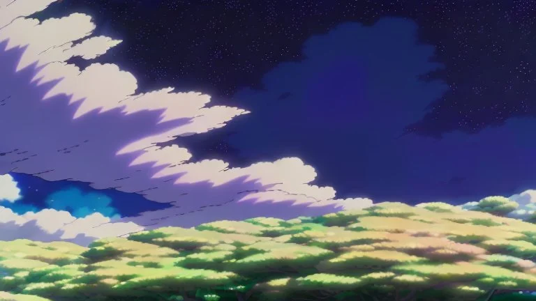 village with purple sky full of stars, anime, high res, makoto shinkai