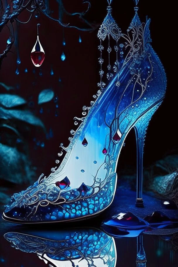 dark fantasy, intricate cover, a whimsical fairytale, translucent shoe made of blue glass with drops of blood underneath