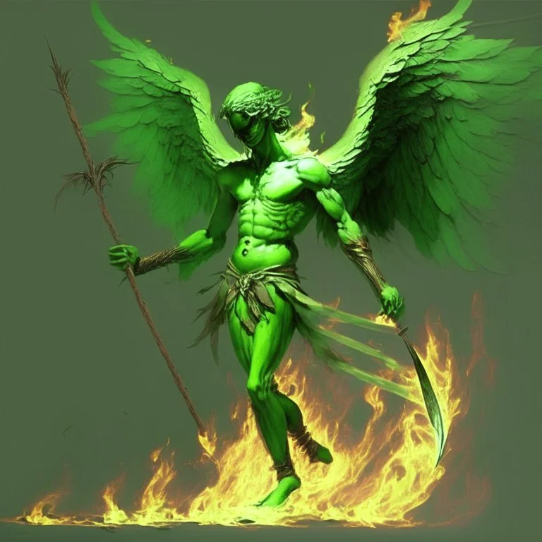 angel hombre caido de color verde palido con una lanza llameante