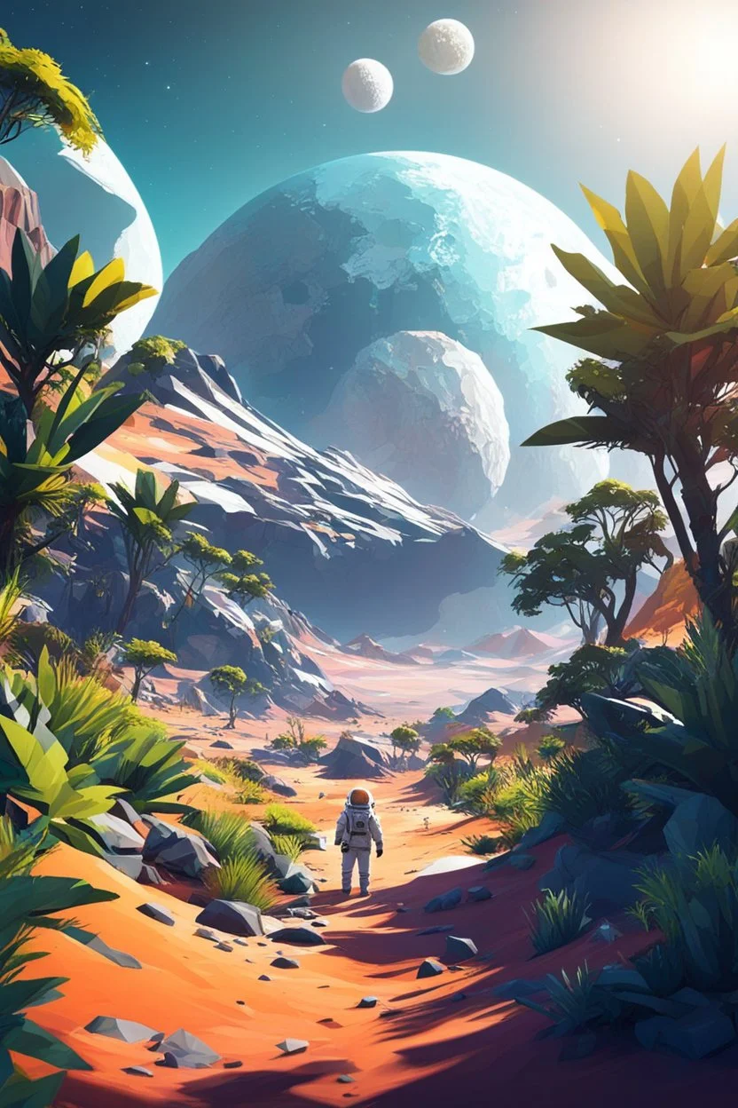 (((close midshot))), (((low poly art:2))), (astronaut), ultra-detailed illustration of an environment on a dangerous:1.2 exotic planet with plants and wild (animals:1.5), (vast open world), astroneer inspired, highest quality, no lines, no outlines candid photography. by Lekrot