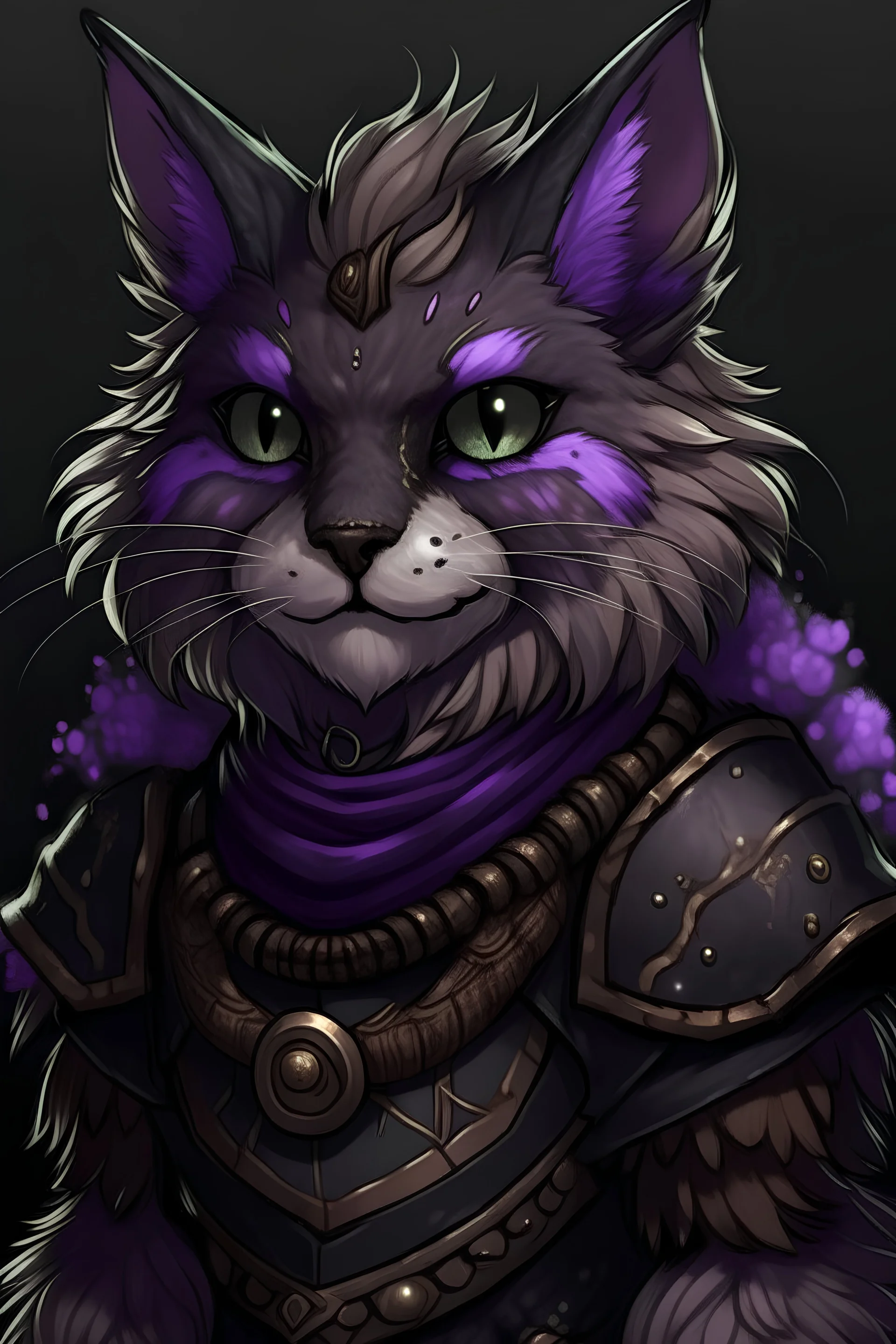 a fluffy tabaxi druid with all black fur wearing mushroom armor and purple eyes