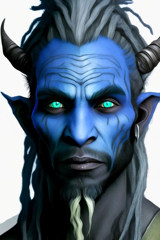 A tieffelin with blue skin and white Dreadlock hair. His pupil-less eyes are green. He wears a small beard.