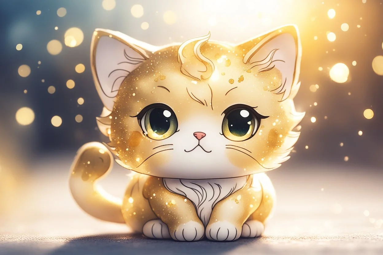 thinking cute chibi cat in sunshine, watercolor and black ink outlines, sparkling golden glitter, ethereal, cinematic postprocessing, bokeh, dof