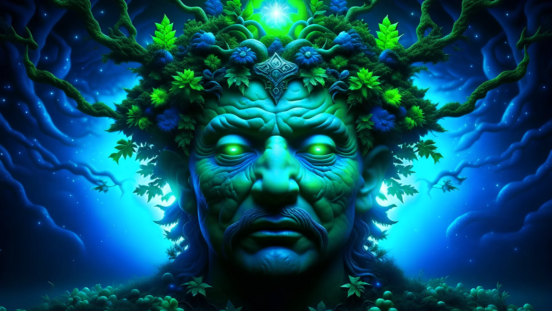 Night Of The Green Man|| Celtic/Irish symbols, surrealism, magic realism, in the styles of Otto Rapp and Albane Simon and Philippe Druillet, mixed media, Phthalo colors, cinematic lighting, sharp focus, highest resolution