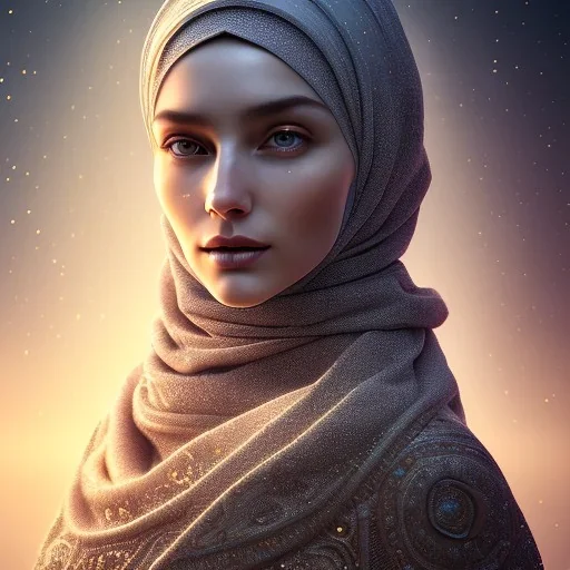 close up portrait of woman in hijab, fine detail, highly intricate, modern surrealism painting, defined cracks and breaks, high-quality, volumetric lighting, 8k, ultrahd, George Grie, Marco Escobedo, Igor Morski,Brian Froud, Howard Lyon, Selina French,