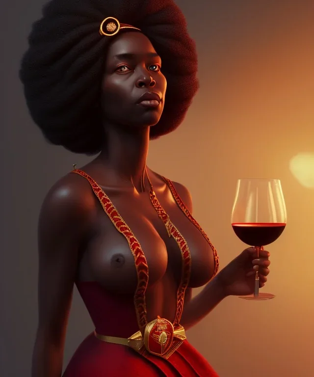 Negra Francisca, beautiful, curvy body, mature African slave, simple red fabric dress, beautiful long black hair, red headband, head and shoulders portrait, holding glass of wine, 8k resolution concept art portrait by Greg Rutkowski, Unreal Engine 5 volumetric lighting