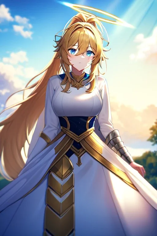 girl, masterpiece, best quality, cinematic lighting, detailed outfit, vibrant colors, perfect eyes, blue eyes, long hair, golden hair, messy hair, hair between eyes, depth of field, ray tracing, ponytail, armored dress, white wings, halo, looking down, outdoors, sunlight, god rays, light rays, clouds, lens flare,