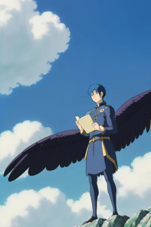 a human male with blue short hair and blue wings in an assymetrical armor with geometric patterns and a book in hand