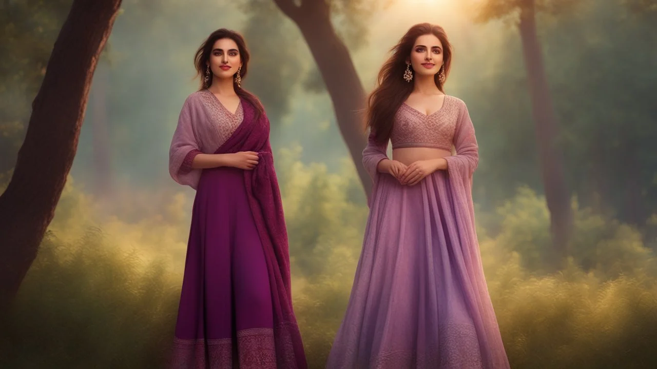 Hyper Realistic 3rd-rule-view of a Beautiful-Young-Happy-Pashto-Woman-with-beautiful-eyes-Smiling with-tradtional-dress-with-purple-shawl & breeze-whirling in a jungle-with-tall-trees & cloudy-sunset-&-sun-rays showing dramatic & cinematic ambiance