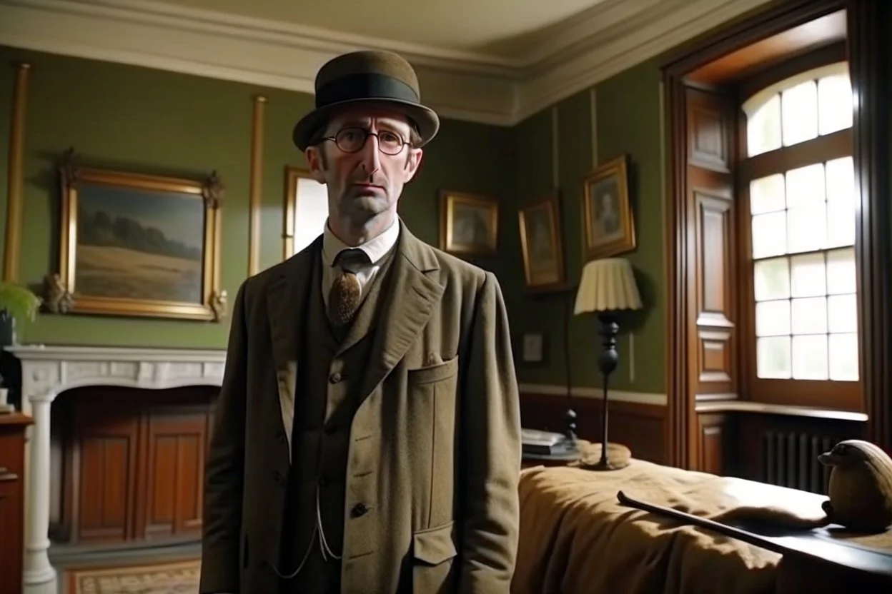 ww1 sick archeologist with suit talking close-up standing up looking to the camera, inside mansion room background