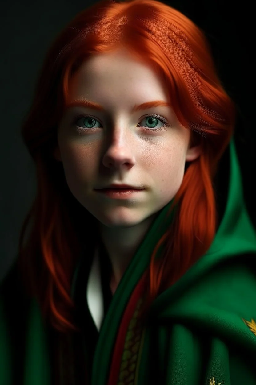 A girl with red hair and green eyes and she is wearing a Hogwarts robe