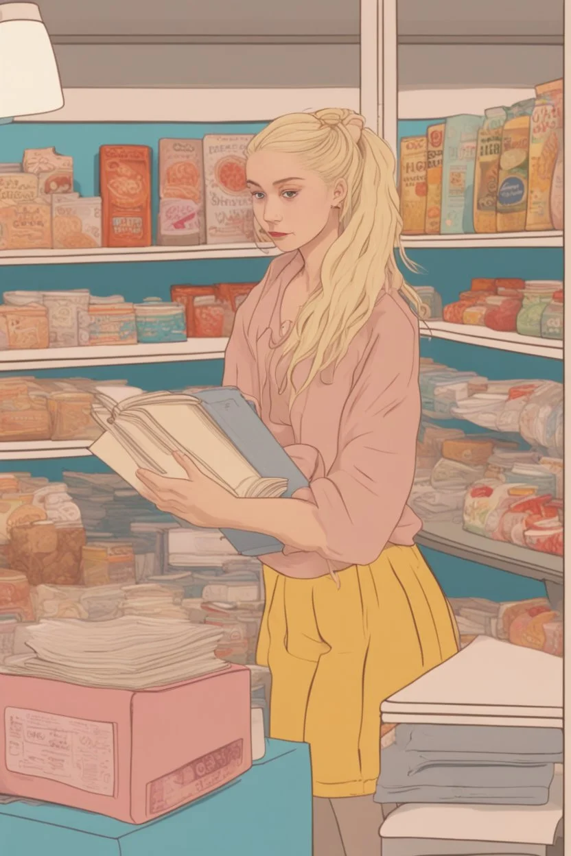 In the music video, a 23-year-old woman with blonde hair and bright blue eyes. Standing in the freezer section of a supermarket. Reading a book. you can see it is cold. she has a messy bun. Wes anderson style. She is sitting in a cosy sofa with a small table next to her and a lamp. People are shopping near her. The freezers are behind her.