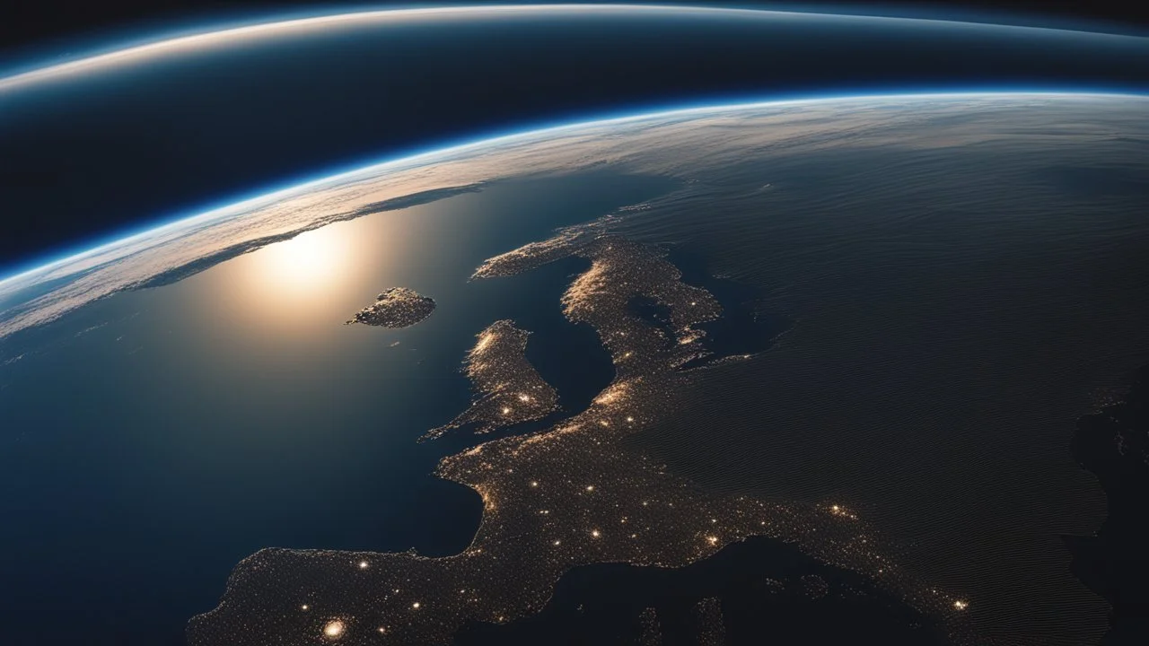 تصوير جوي للأرض من الفضاء، حيث يظهر الكوكب الأزرق الجميل في خلفية مظلمة وغامضة. تتلألأ سطح الأرض بألوانها المتعددة، ويتجلى لمحة من السحب والمحيطات. تنعكس ضوء الشمس بلطف على الجانب المضاء، مشيرةً إلى التنوع والجمال الذي تحمله هذه الكوكبة المعجزة.