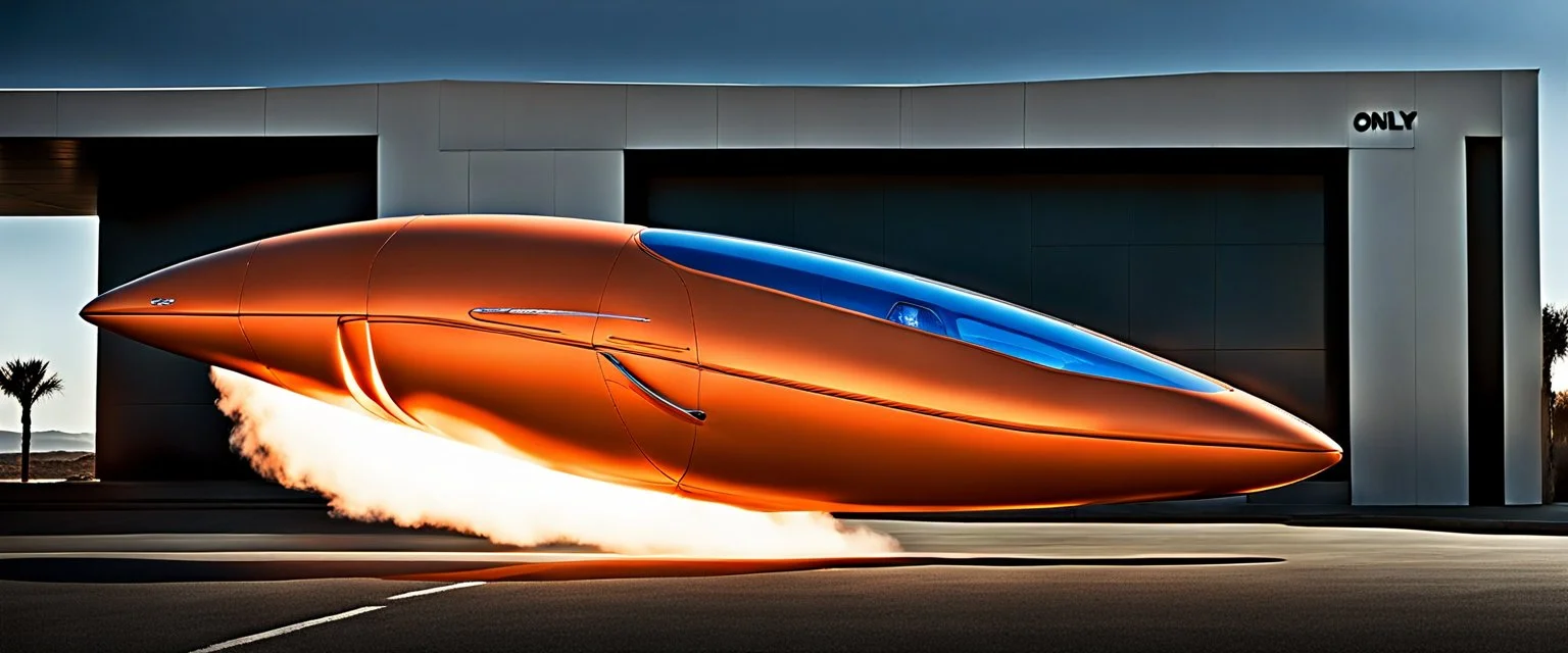 award winning car and driver photograph of a futuristic station wagon dirigible hybrid designed by only one vehicle per image painted metallic orange traveling at a high rate of speed, jet intake off of front center of vehicle and jet exhaust out the rear with bright blue flame, bilaterally symetrical, more a high speed road vehicle