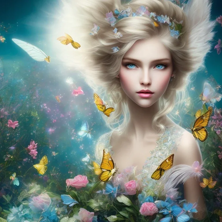 bright fairy, unic beautiful kind portrait, blond hair,blue eyes, flowery luminous pastel colors, butterfly