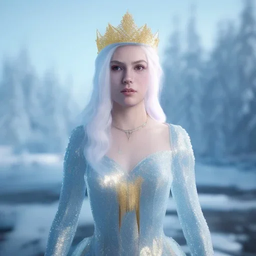 A portrait of a crystalised ices snow and gold queen, atmospheric,fantasy, realistic, unreal engine 5, cinematic lighting, octane render.